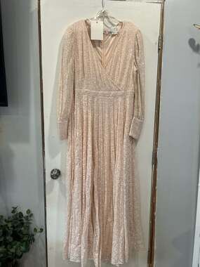 Mac Duggal 93679 Long Sleeve Beaded Lace Wrap Gown in Rose Gold